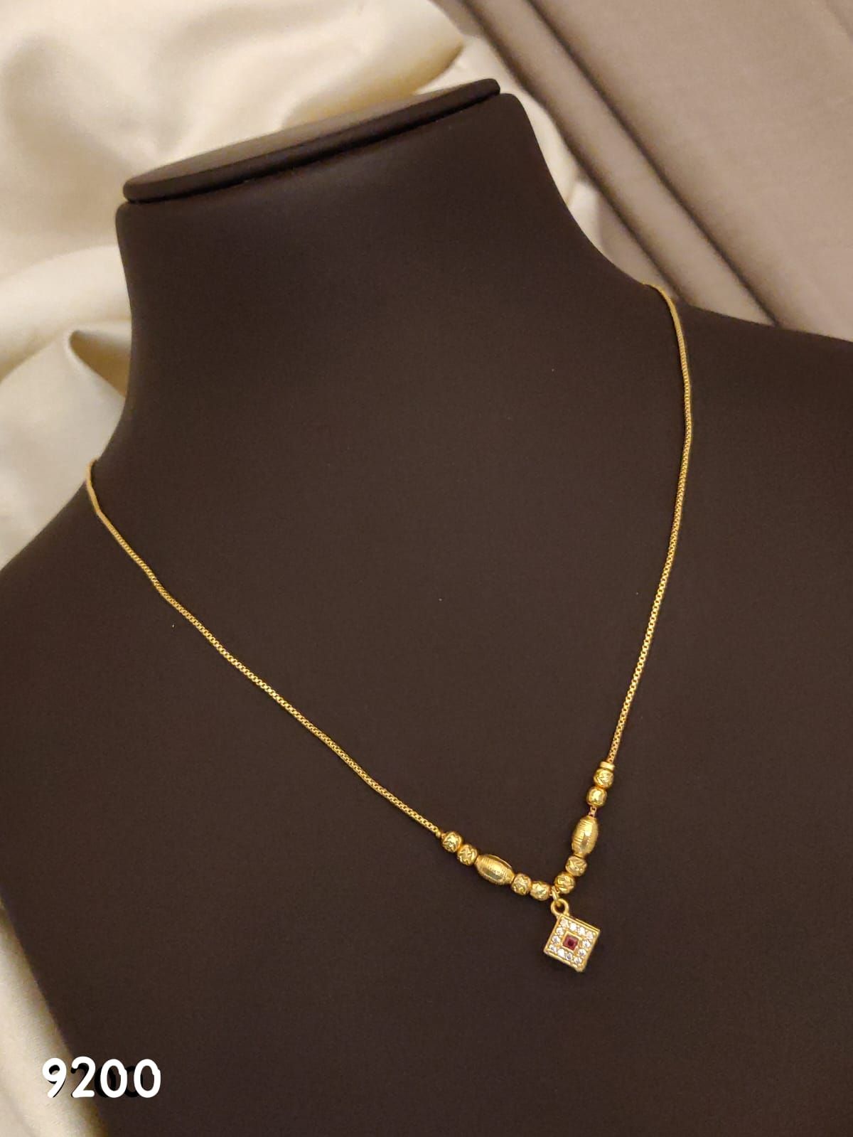 Micro Gold Plated Beaded Chain with Square And Stone Pendant For Women