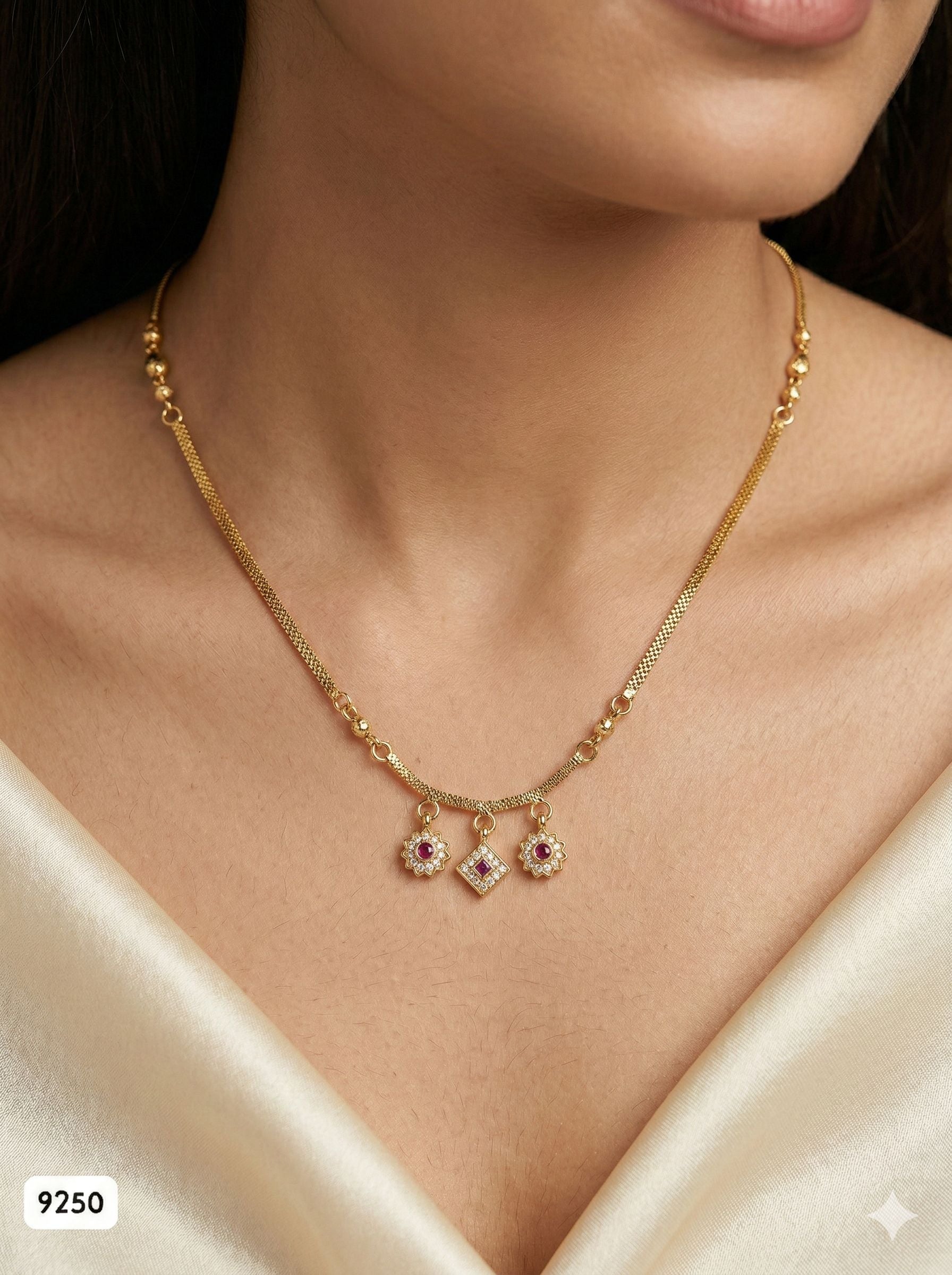 Delicate Gold Chain with Floral Ruby Pendants
