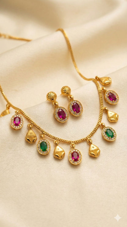 Royal Ruby & Emerald Drop Necklace Set with Matching Earrings – Micro Gold Plated Traditional Jewelry