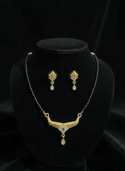 Micro Gold Plated And Diamond Studded Fancy Square Mangalsutra with Earring Set