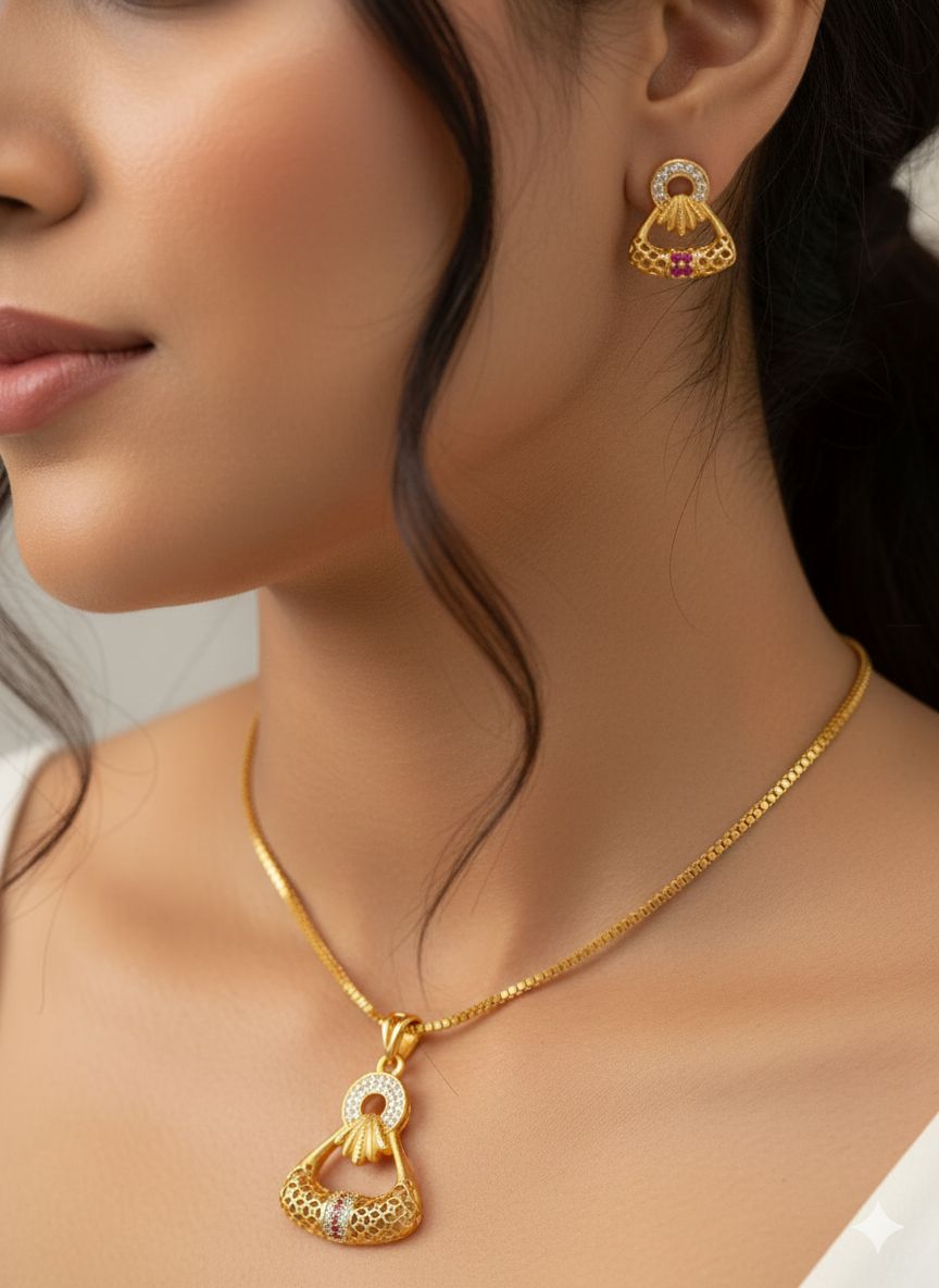 Golden Aura Ruby Charm Pendant Set – Elegant Daily Wear Necklace & Earrings