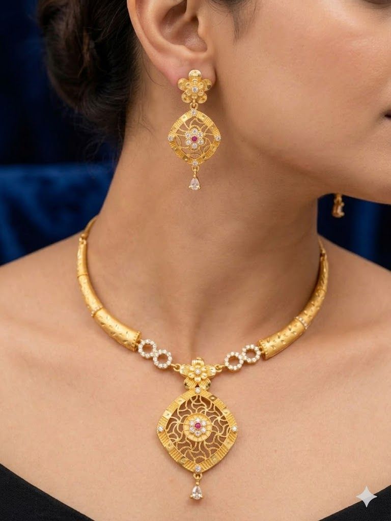 Royal Floral Filigree Micro Gold Plated And Stone Studded Pendant Set with Earrings