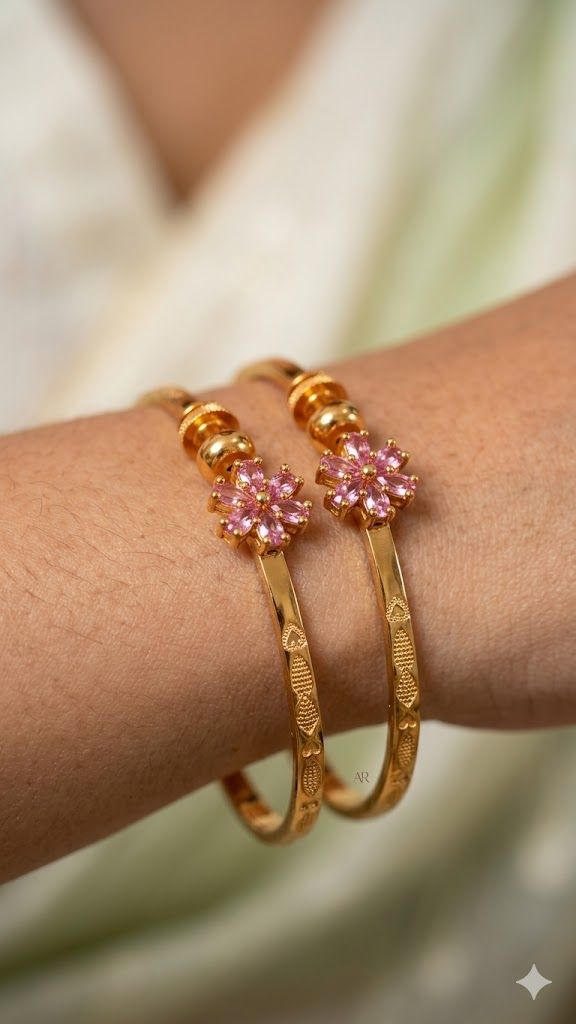 Elegant Gold Plated fancy adjustable light pink Floral bangle with Pink Stone