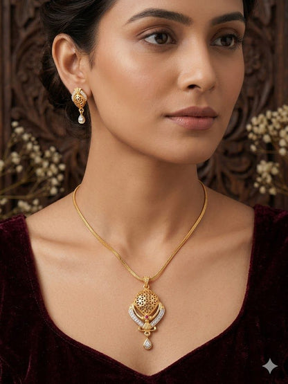 Elegant Gold-Plated Filigree Pendant Necklace Set with AD Stone Drops with 18 inches chain