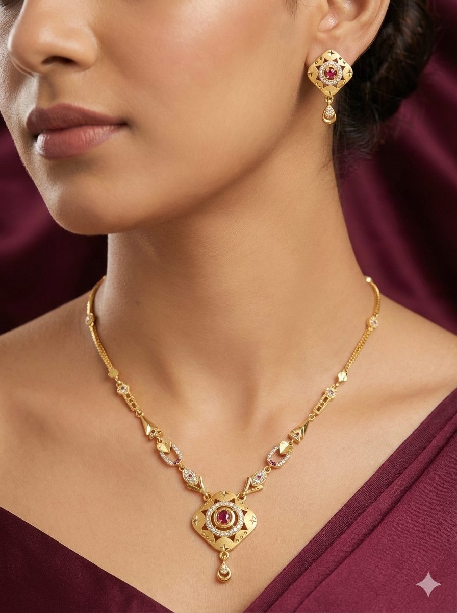 Micro Gold Plated AD Diamond Studded Forming Square Necklace with Earrings for Women