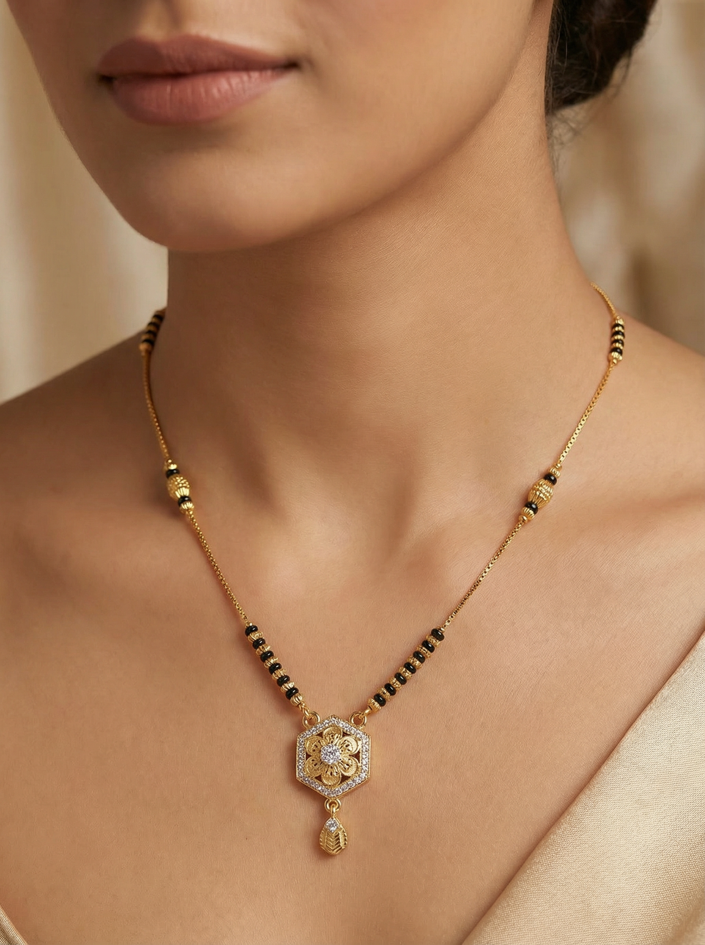 Elegant Hexa Floral AD Diamond Micro Gold Plated Mangalsutra