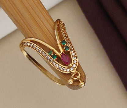 Gold Plated Kemp Stone Studed Fancy Adjustable  U Ring