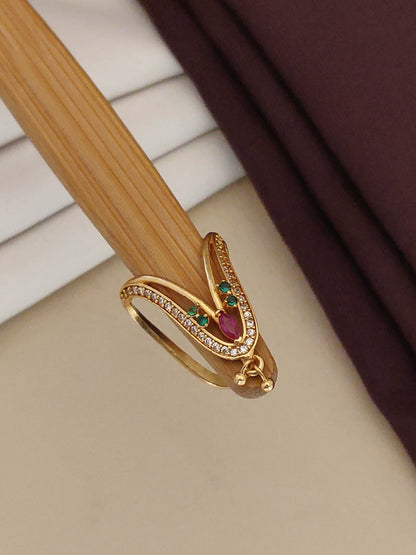 Gold Plated Kemp Stone Studed Fancy Adjustable  U Ring
